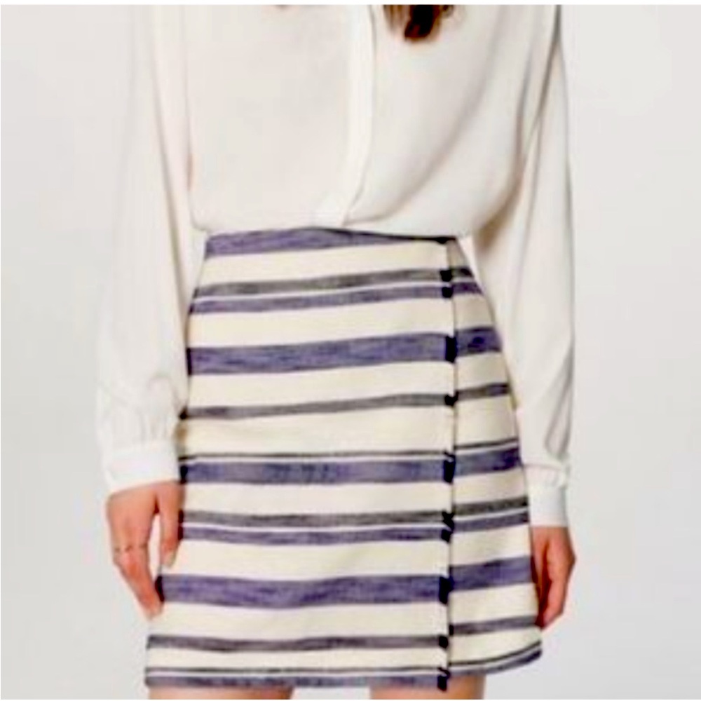 Ann Taylor LOFT Textured Cotton Navy White Stripe Faux Wrap Skirt Size 8